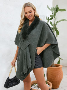 Fuzzy Trim Open Front Poncho (multiple color options)