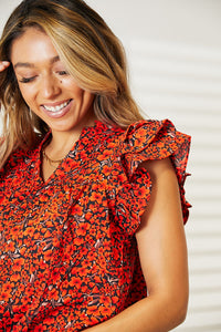 Scarlet Petals Floral Flutter Sleeve Notched Neck Blouse (multiple color options)