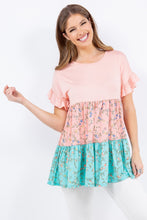 Load image into Gallery viewer, Floral Color Block Ruffled Short Sleeve Top
