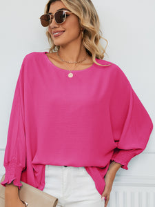 Smocked Lantern Sleeve Round Neck Blouse (multiple color options)