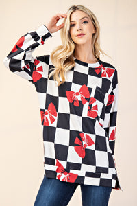 Checkered Bow Print Round Neck Top