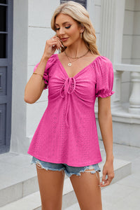 Eyelet Drawstring Short Sleeve Top  (multiple color options)