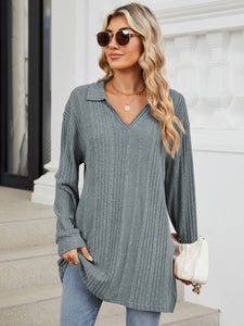 Slit Johnny Collar Long Sleeve Top (multiple color options)