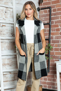 Plaid Lapel Collar Sleeveless Cardigan (multiple color options)