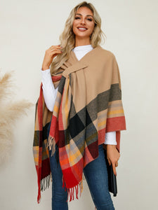 Fringe Contrast Plaid Poncho (multiple color options)