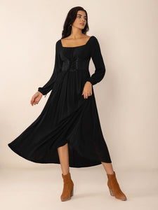 Lace-Up Square Neck Long Sleeve Midi Dress