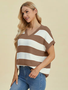 Striped V-Neck Short Sleeve Sweater (multiple color options)