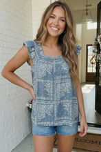 Load image into Gallery viewer, Dusty Blue Bandana Print Ruffle Top
