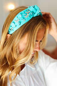 Gem Cowboy Boot Embellished Top Knot Headband in Turquoise