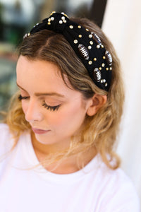 Stone & Gem Football Embellished Top Knot Headband in Black