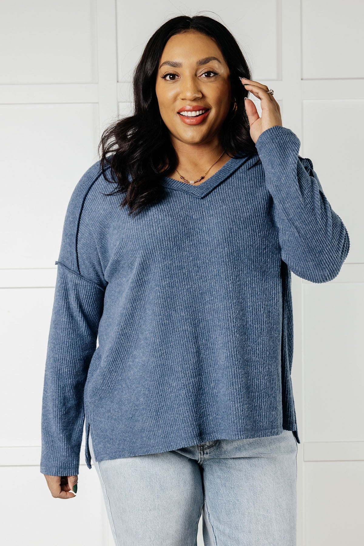 Basically Freezing Brushed Hacci Top in Dusty Blue