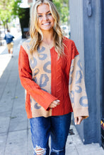 Load image into Gallery viewer, Animal Print Cable Knit Color Block Sweater in Rust &amp; Taupe
