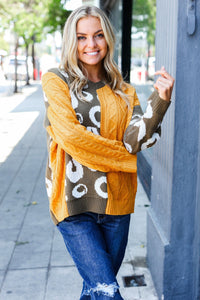 Animal Print Cable Color Block Sweater in Mustard & Olive