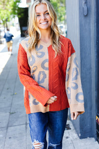 Animal Print Cable Knit Color Block Sweater in Rust & Taupe