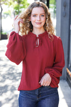 Load image into Gallery viewer, Feeling Femme Burgundy Frilled Edge V Neck Tie Top
