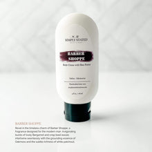 Load image into Gallery viewer, Body Creme Body Lotion for Men. Barber Shoppe description &quot;Revel in the timeless charm of Barber Shoppe, a fragrance designed for the modern man. Invigorating bursts of lively Bergamot and crisp basil leaves intertwine seamlessly with the grounding essence of Oakmoss and the subtle richness of white patchouli.&quot;
