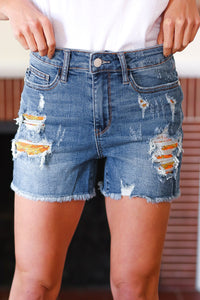 Judy Blue High Rise Floral Lined Pockets Distressed Denim Shorts
