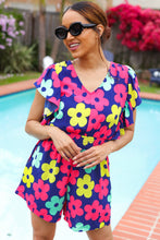 Load image into Gallery viewer, Feeling Bold Navy &amp; Fuchsia Flat Floral Smocked Waist Flutter Sleeve Romper
