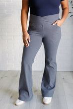 Load image into Gallery viewer, Building Habits Twill Flared Crossover Waist Pant in Titanium
