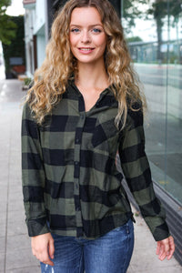 Casual Chic Plaid Button Down Long Sleeve Top in Army Green