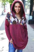 Load image into Gallery viewer, Stand Out Burgundy Tribal Print Half Zip Longline Hoodie
