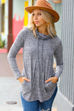 Load image into Gallery viewer, Be Your Best Marled Cowl Neck Pocketed Top in Grey
