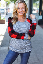 Load image into Gallery viewer, Adorable Red &amp; Grey Striped Plaid Longline Raglan Top
