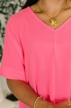 Load image into Gallery viewer, Counter Part Crinkle Woven V-Neck Top in Neon Fuchsia

