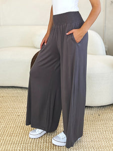 Keep It Simple Smocked Wide Waistband Wide Leg Pants (multiple color options)