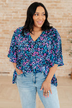 Load image into Gallery viewer, Dreamer Peplum Top in Navy and Lavender Animal Print
