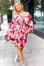 Load image into Gallery viewer, Diva Dreams Coral &amp; Charcoal Floral Tie Neck Pintuck Satin Dress
