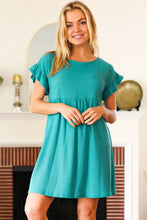 Load image into Gallery viewer, Summer Days Waffle Knit Ruffle Sleeve Babydoll Dress in Teal

