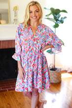 Load image into Gallery viewer, Love Found Blue &amp; Lavender Ikat Print V Neck Dress
