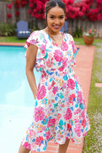 Load image into Gallery viewer, Hello Beautiful Ivory &amp; Fuchsia Floral Sequin Smock Waist Midi Dress
