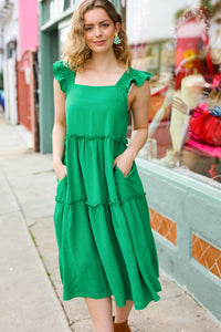 Lots To Love Smocked Flutter Sleeve Tiered Midi Dress in Kelly Green