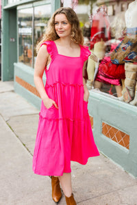Lots To Love Smocked Flutter Sleeve Tiered Midi Dress in Fuchsia