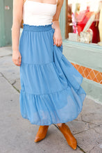 Load image into Gallery viewer, Look of Love Denim Blue Smocked Waist Tiered Chiffon Skirt
