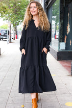 Load image into Gallery viewer, Lock Eyes Notched Neck Frill Hem Tiered Maxi Dress in Black
