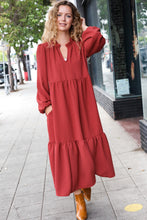 Load image into Gallery viewer, Lock Eyes Notched Neck Frill Hem Tiered Maxi Dress in Spice
