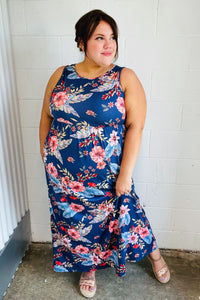 Floral Fit and Flare Sleeveless Maxi Dress in Navy