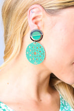 Load image into Gallery viewer, Crochet Carved Disc Dangle Earrings in Teal
