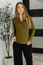 Load image into Gallery viewer, Effortless Edge Knit Henley Top in Camo Green
