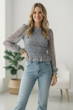 Load image into Gallery viewer, I've Got the Blues Floral Smocked Blouse
