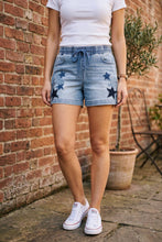 Load image into Gallery viewer, RISEN Elastic Band Slouchy Denim Shorts with Star Patched Details
