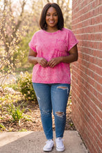 Load image into Gallery viewer, Vintage Muse Acid Wash Round Neck Folded Short Sleeve Tee in Hot Pink
