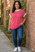 Load image into Gallery viewer, Sailor’s Solace Contrast Cap-Sleeve Stripe Tee in Ruby
