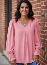 Load image into Gallery viewer, Everly Pleated V-Neck Ruffle Cuff Blouse (multiple color options)
