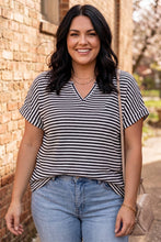 Load image into Gallery viewer, Simply Social Stripe Textured Knit Notched Neck Cuffed Short Sleeve Top
