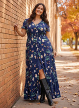 Load image into Gallery viewer, Rustling Petals Floral V-Neck Short Sleeve Dress in Dark Blue
