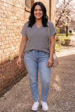 Load image into Gallery viewer, Simply Social Stripe Textured Knit Notched Neck Cuffed Short Sleeve Top
